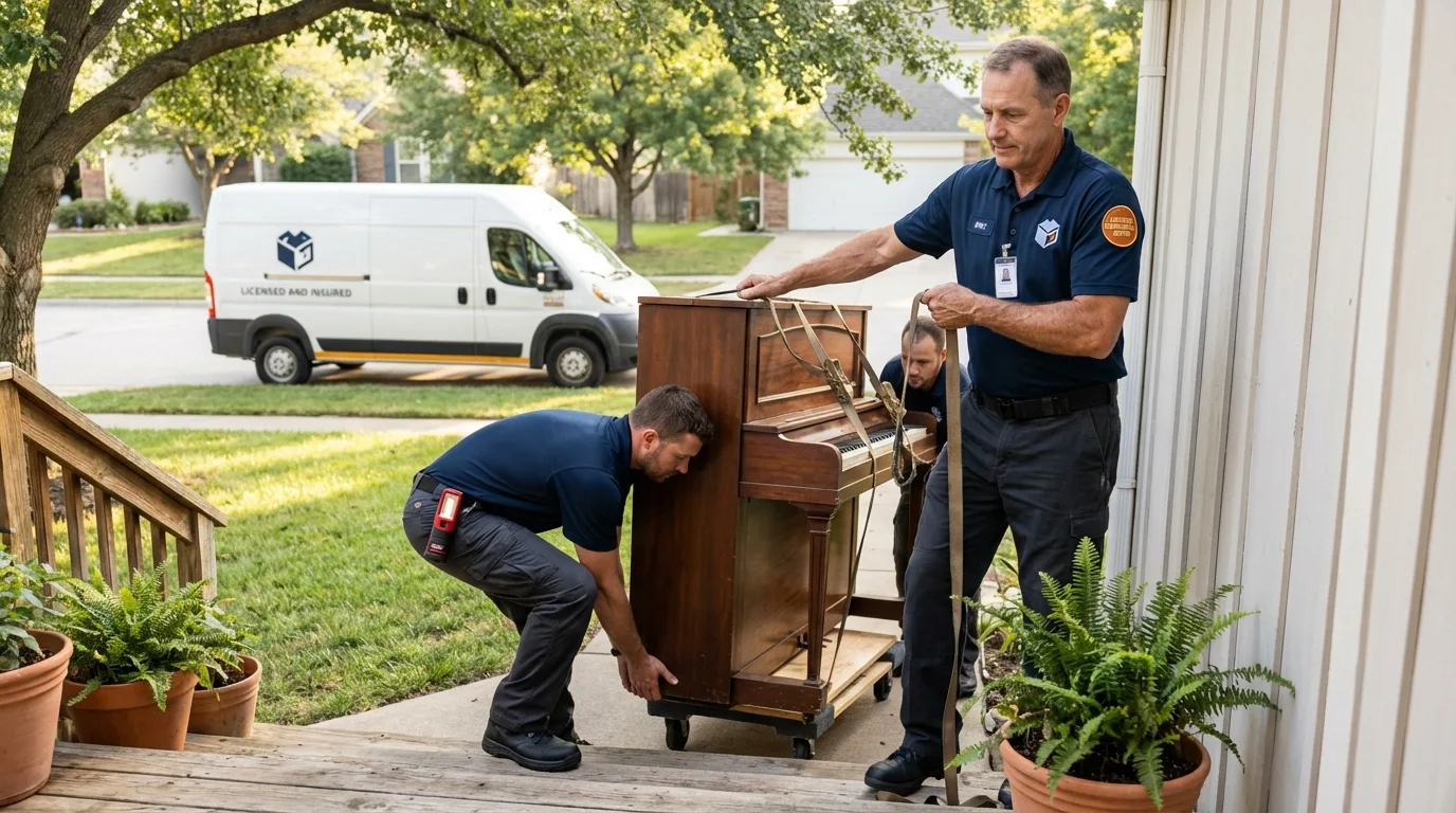 Licensed piano movers securing grand piano in Campbell, OH
