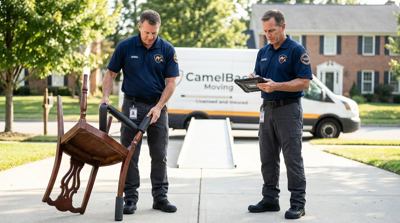 Movers inspecting furniture for damage prevention before loading in Campbell, OH