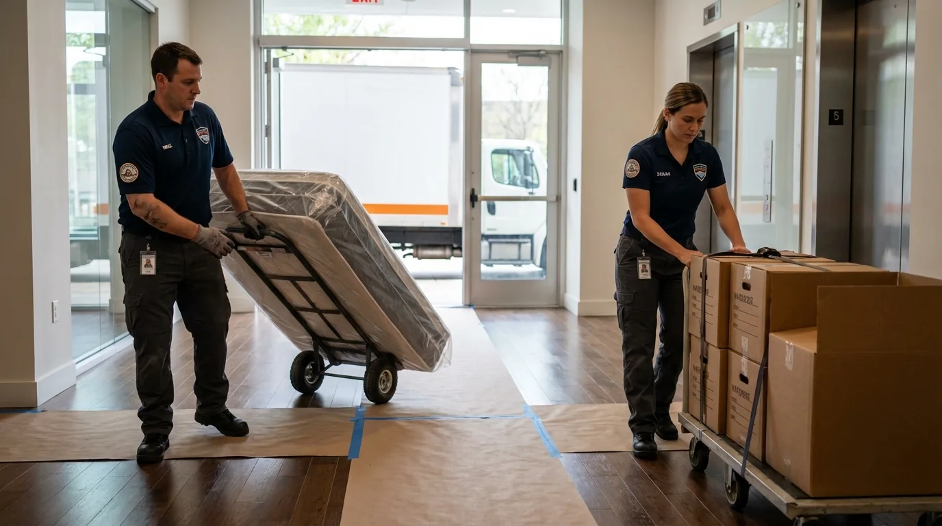 Professional apartment movers loading elevator in Campbell, OH